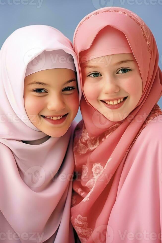 ai generiert zwei jung Mädchen tragen Rosa Muslim Gewand, bekannt wie Burkas, und lächelnd hell foto