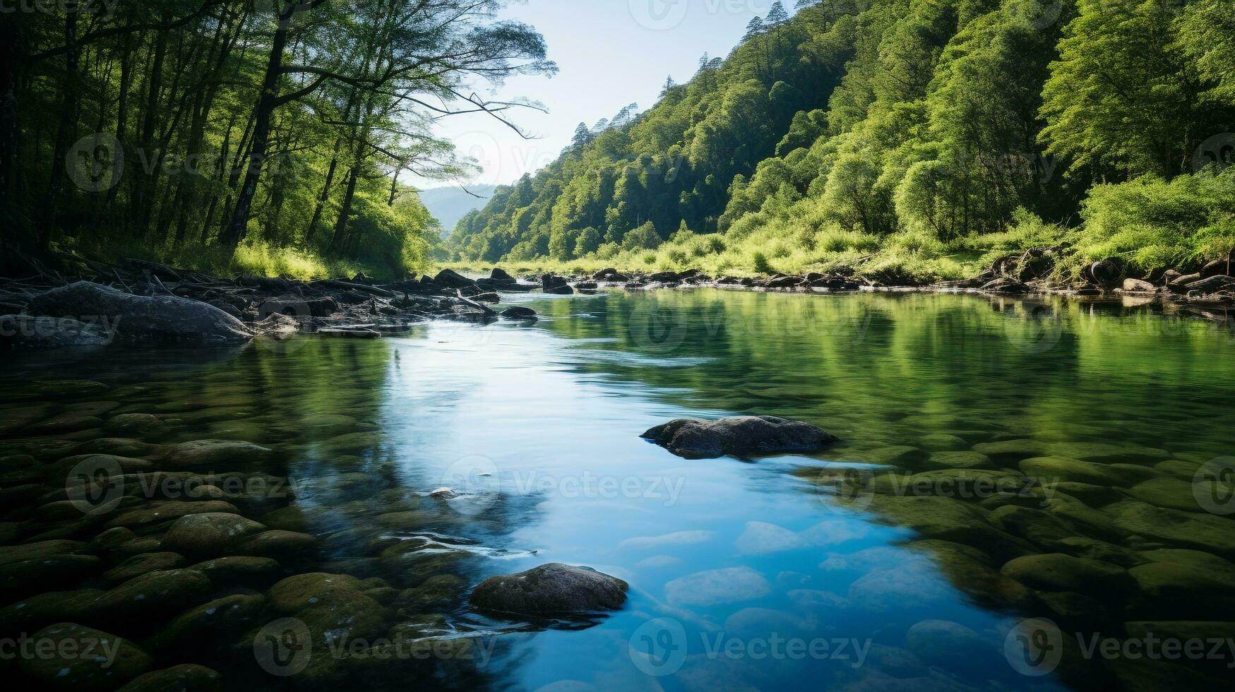 ai generiert ein Foto von ein heiter, unverschmutzt Fluss fließend durch ein makellos natürlich Landschaft. generativ ai