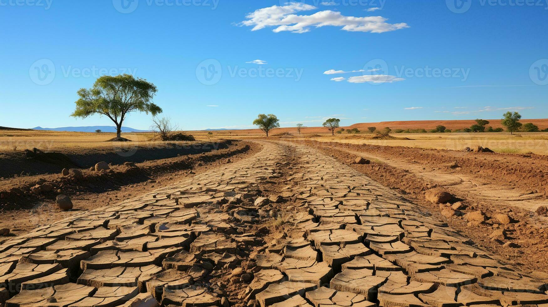 ai generiert ein Foto von ein ausgedörrt, geknackt Flussbett im ein Dürre betroffen Region. generativ ai