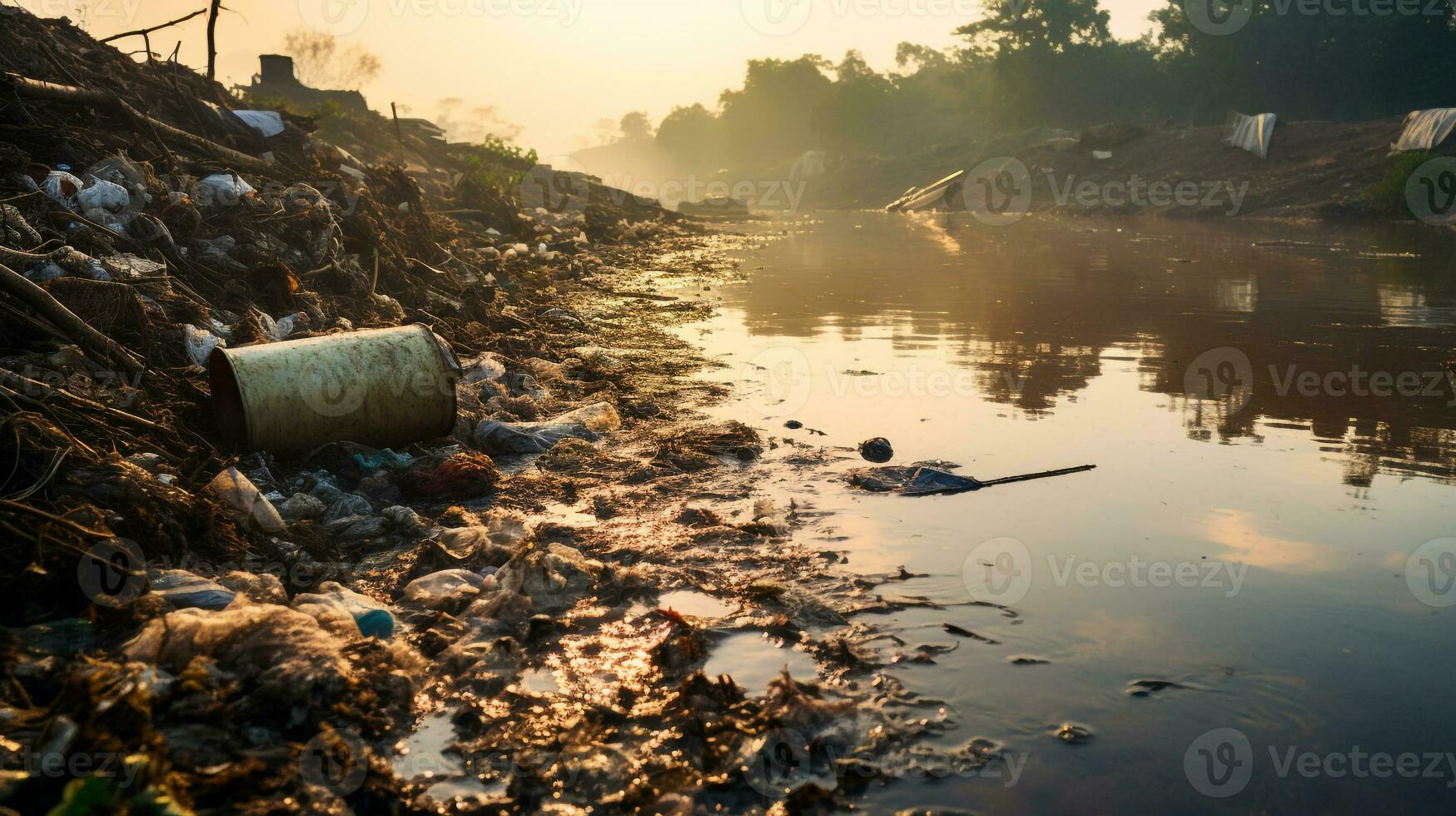 ai generiert ein Foto von ein verschmutzt Flussufer mit verworfen Abfall und kontaminiert Wasser. generativ ai