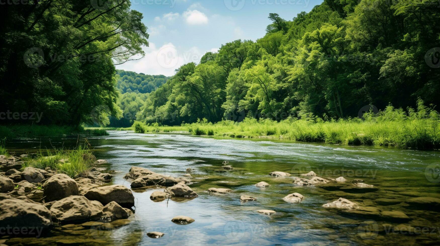 ai generiert ein Foto von ein üppig, Grün Flussufer gedeihen mit Tierwelt und klar Wasser. generativ ai