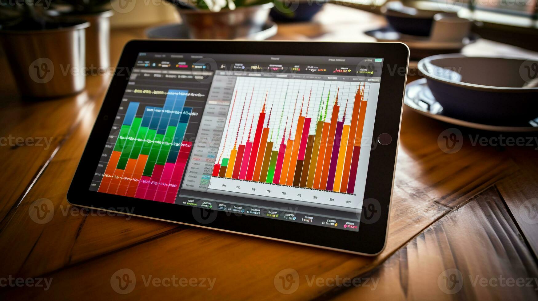 ai generiert Foto von ein Digital Tablette präsentieren bunt Bar. generativ ai