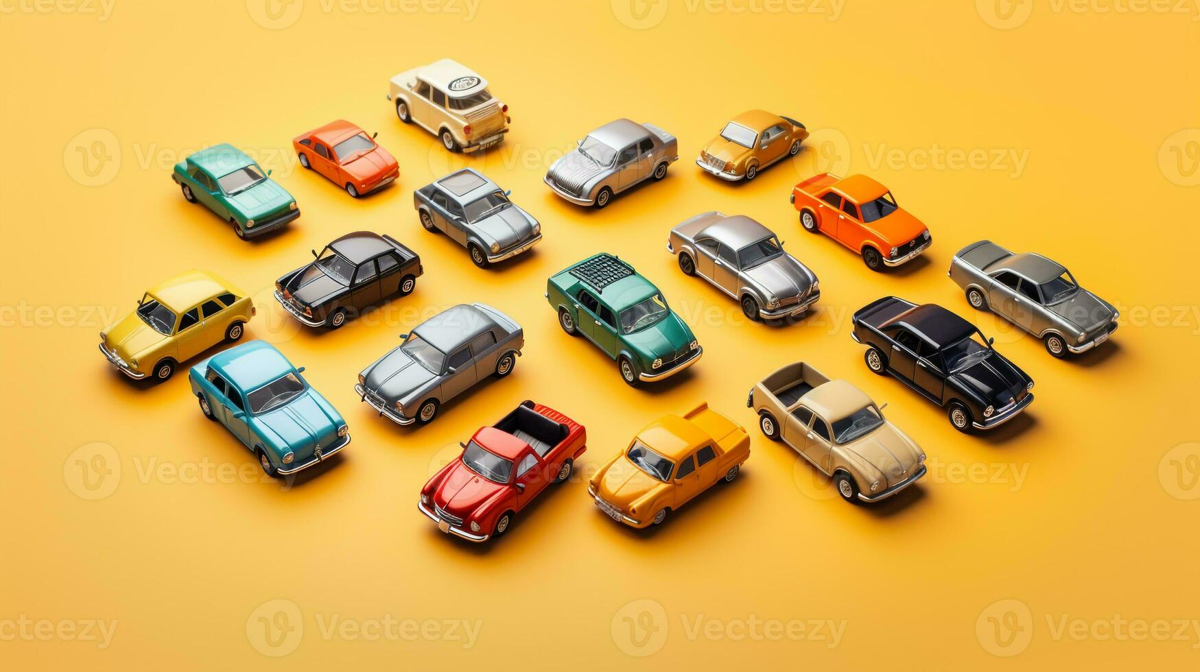 ai generiert schön Anordnung von Miniatur von Autos auf Tisch. generativ ai foto