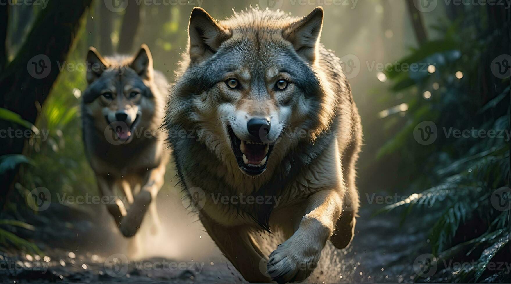 ai generiert Wolfs Attacke, realistisch Bilder von wild Tier Anschläge foto