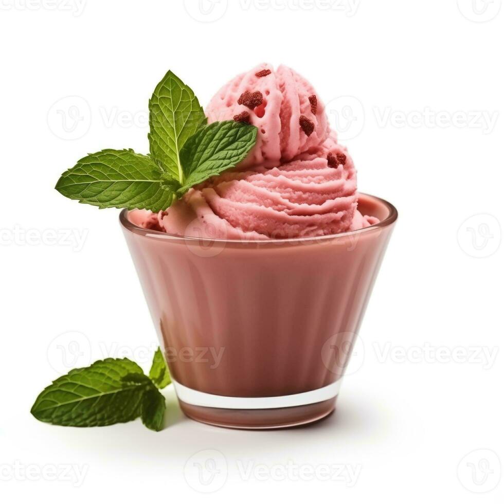ai generiert einer Scoop von Erdbeere Eis garniert mit ein Minze Blatt und Herz geformt Schokolade Stücke auf ein Weiß Hintergrund Valentinsgrüße Tag Thema foto