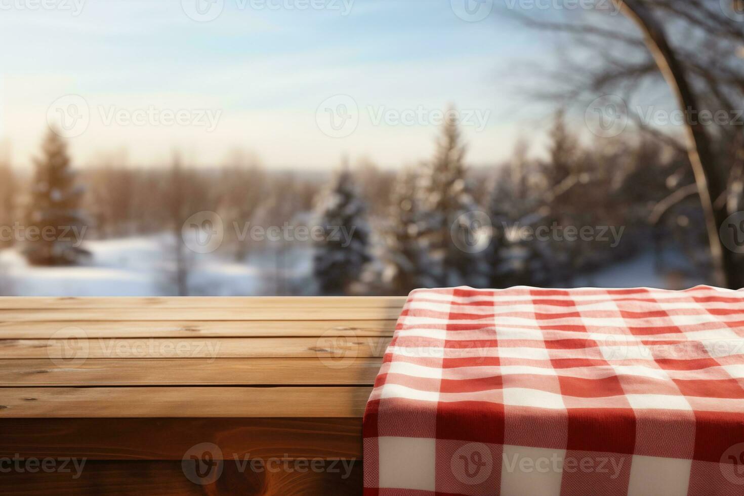ai generiert ein rot kariert Tischdecke auf ein hölzern Tisch, einstellen gegen ein hölzern Hintergrund foto