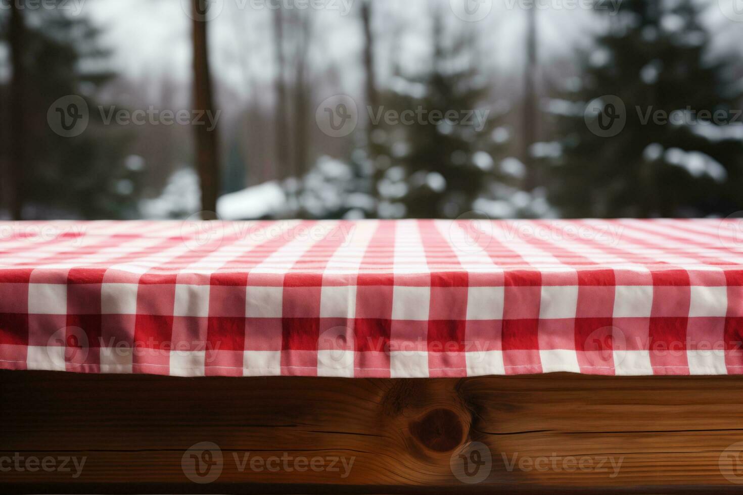 ai generiert ein rot kariert Tischdecke auf ein hölzern Tisch, einstellen gegen ein hölzern Hintergrund foto