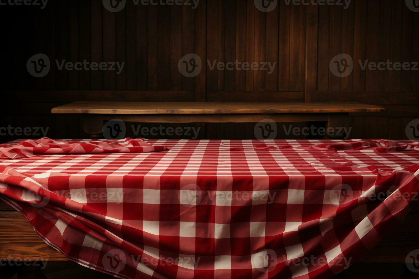 ai generiert ein rot kariert Tischdecke auf ein hölzern Tisch, einstellen gegen ein hölzern Hintergrund foto