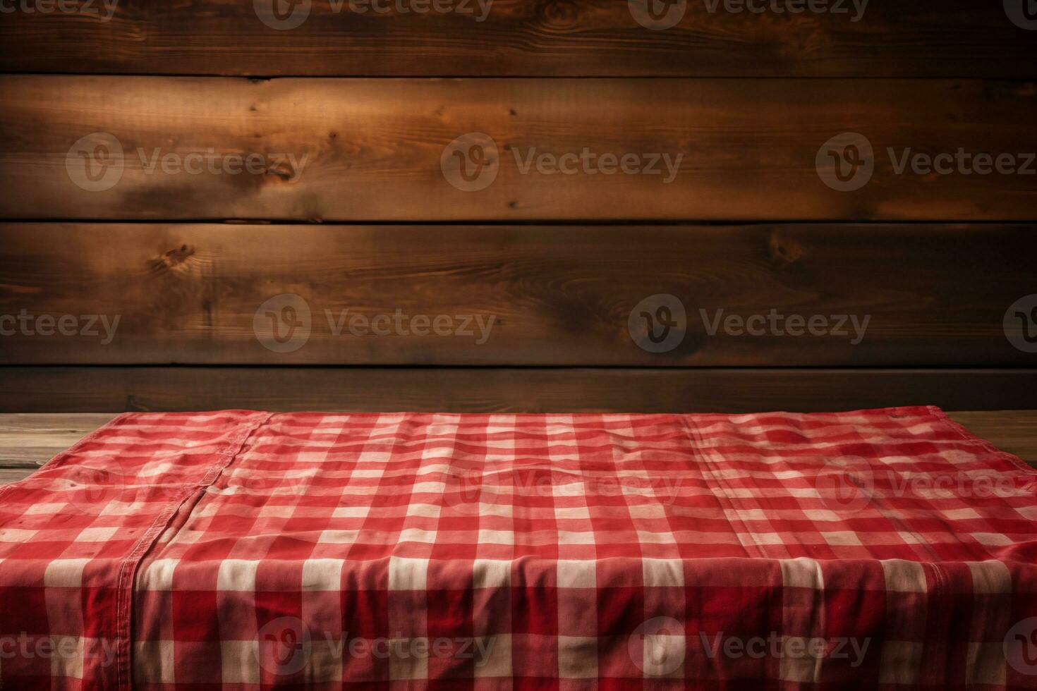 ai generiert ein rot kariert Tischdecke auf ein hölzern Tisch, einstellen gegen ein hölzern Hintergrund foto