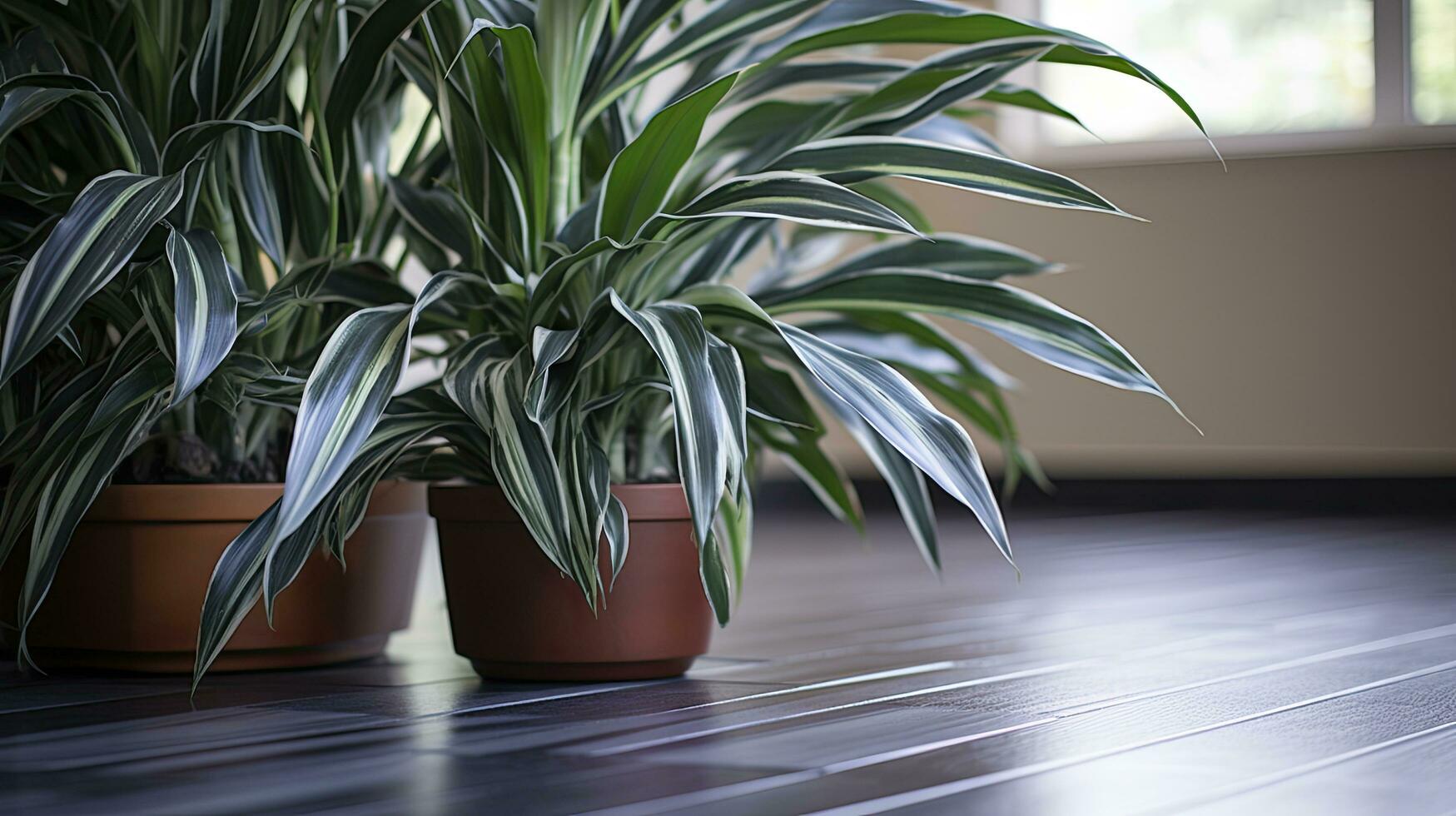 ai generiert ein schließen oben von Dracaena Grün Blatt im ein Beige Topf auf ein Marmor Fußboden foto