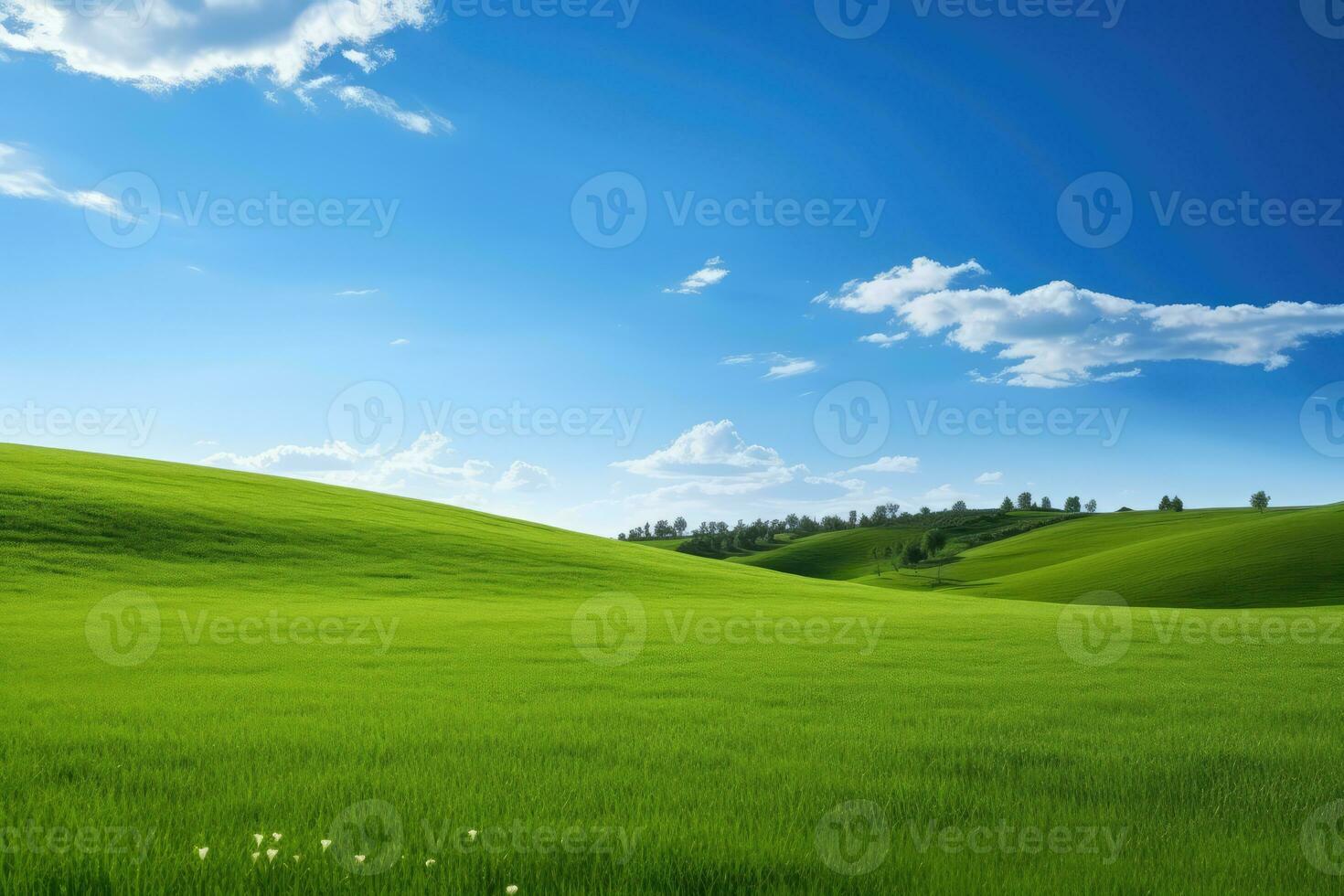 ai generiert Grün Gras Hügel und Blau Himmel foto