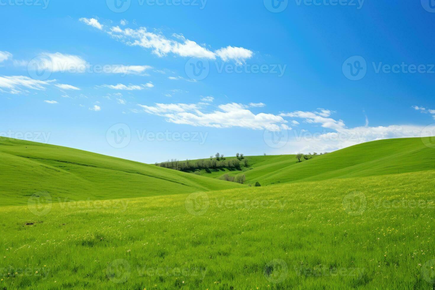 ai generiert Grün Gras Hügel und Blau Himmel foto