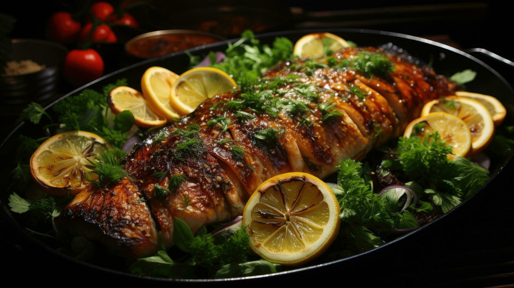 ai generiert köstlich gebraten gebacken Lachs Fisch mit Zitronen foto