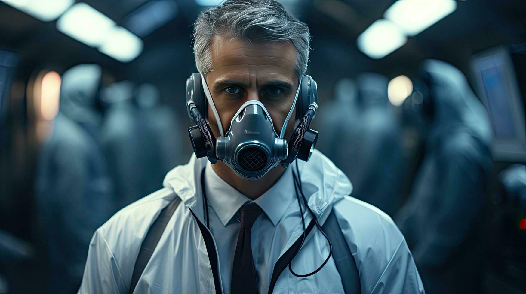 ai generiert männlich Arzt medizinisch Arbeiter im ein Weiß Mantel und ein schützend Maske Respirator im das Krankenhaus foto