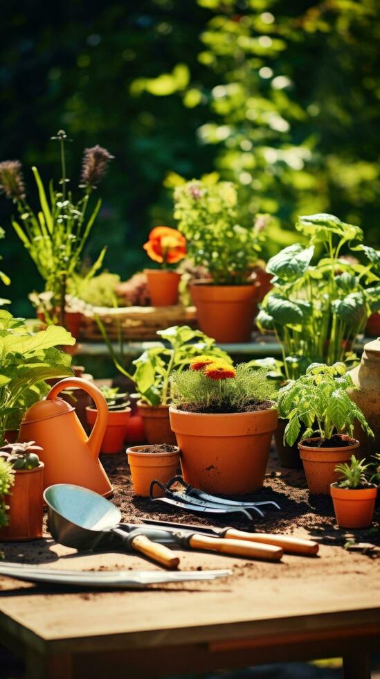 ai generiert Gruppe von Garten Werkzeuge Lügen auf ein Tabelle umgeben durch Töpfe und Pflanzen foto