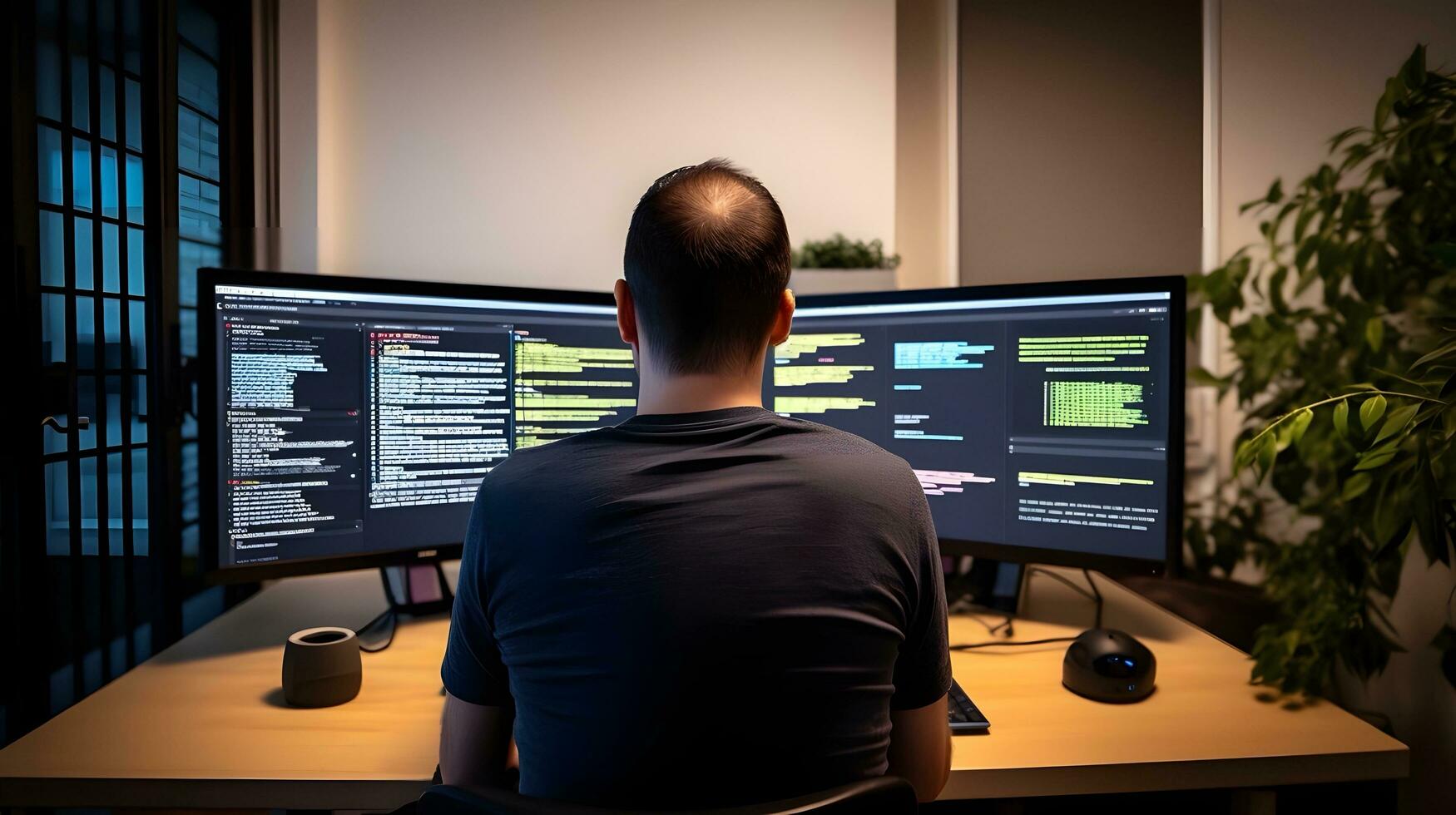ai generiert Software Entwickler Analysieren Code auf mehrere Computer Bildschirme foto