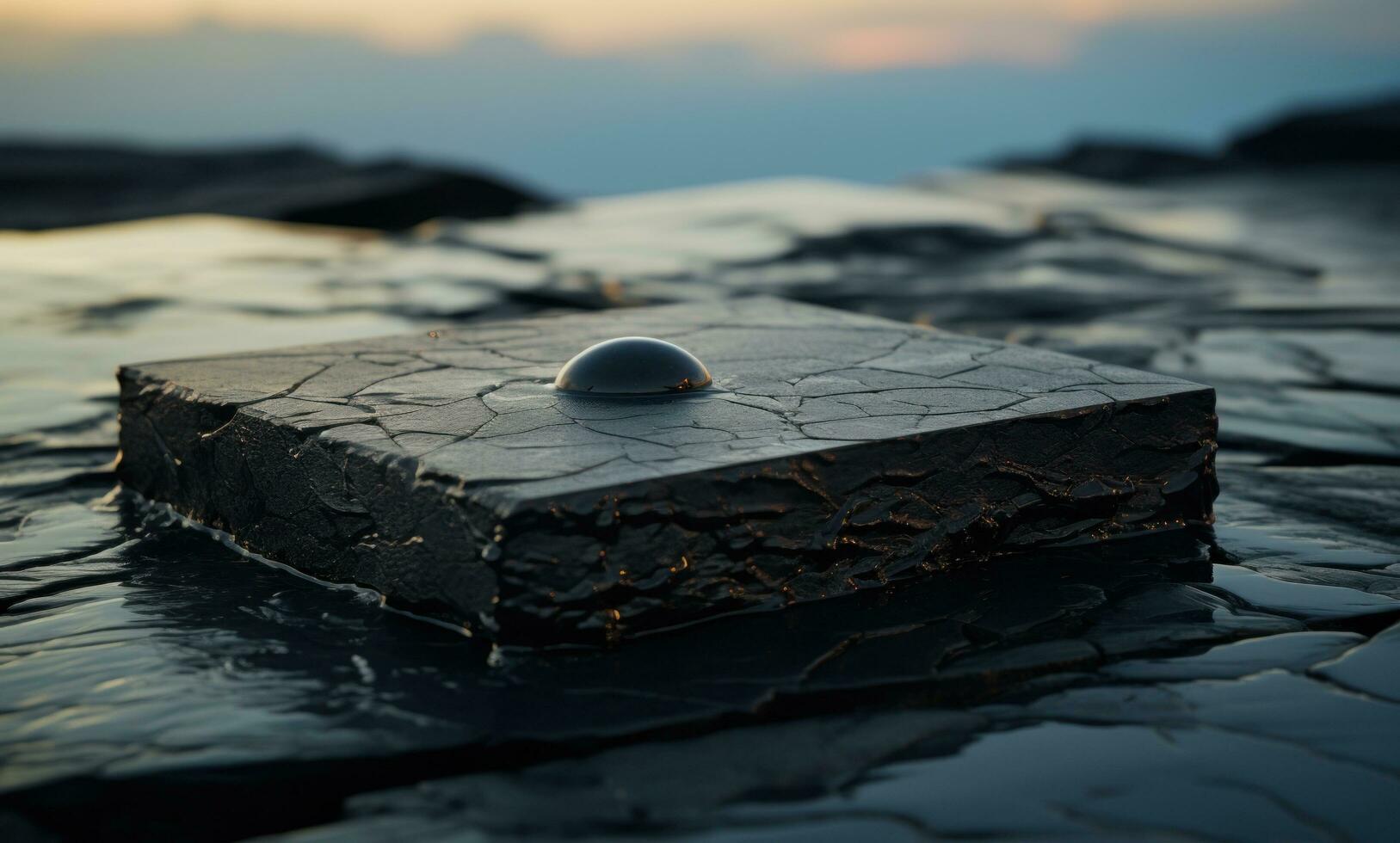 ai generiert ein schwarz Lava Stein Sitzung auf oben von ein Tabelle im das Mitte von das Ozean foto