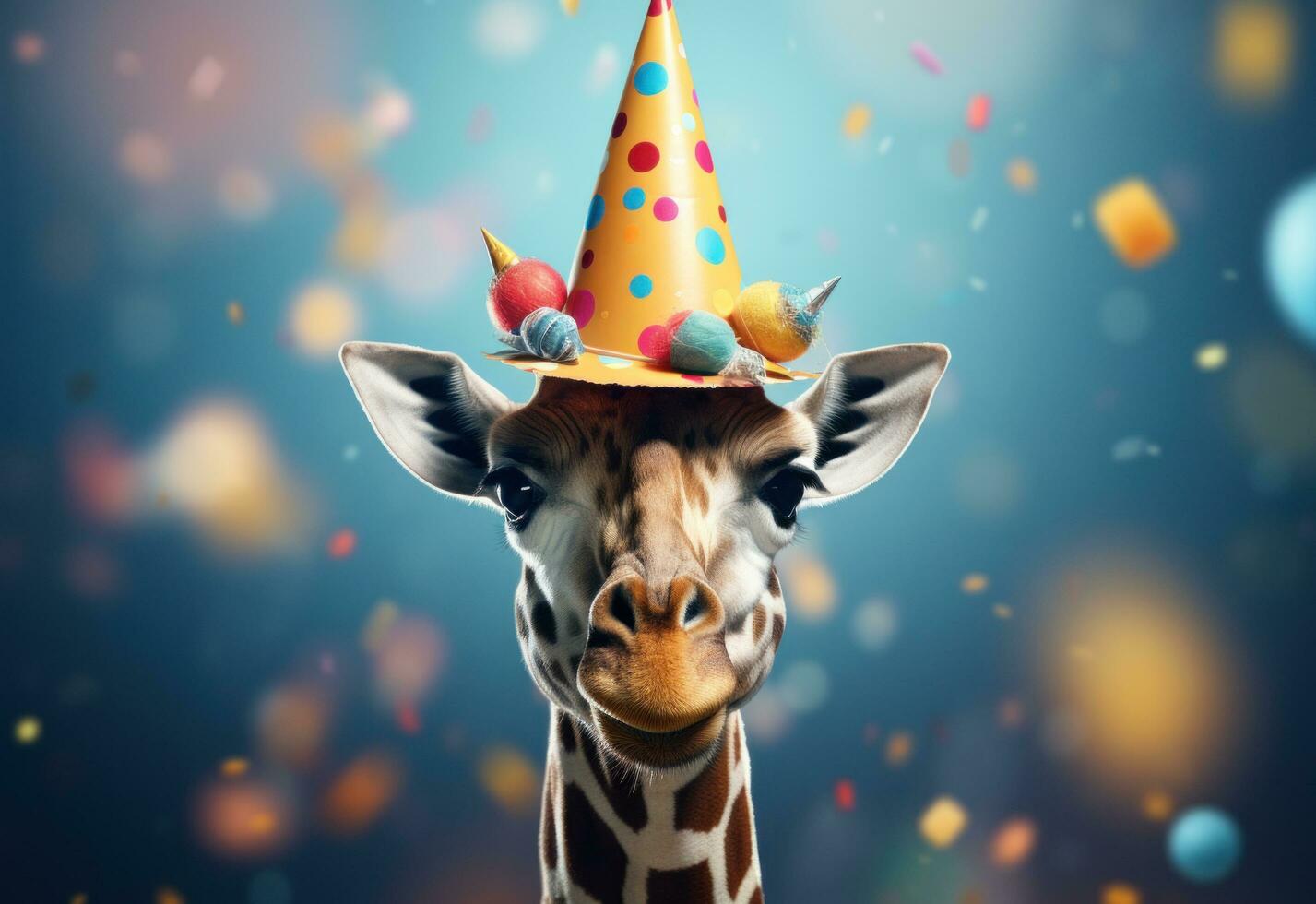 ai generiert ein Giraffe im ein Geburtstag Hut foto