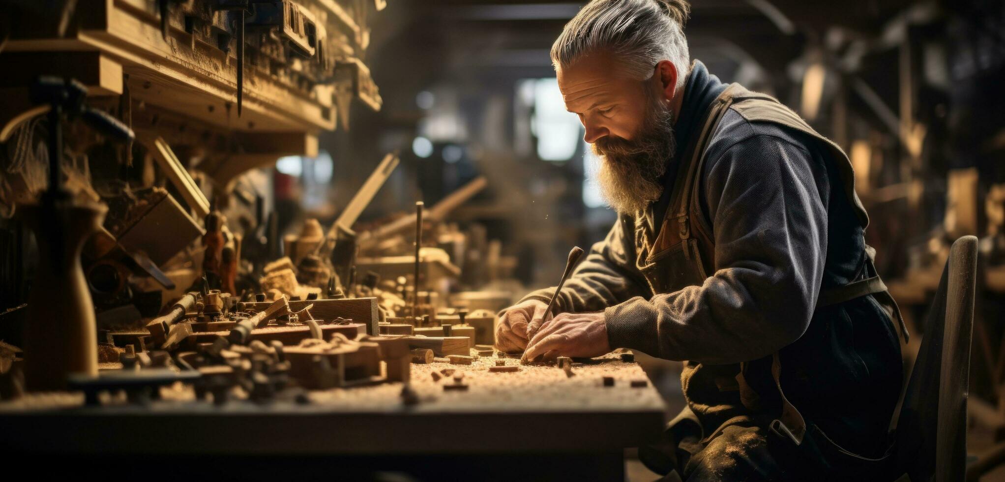 ai generiert ein Mann ist Arbeiten auf ein hölzern Stuhl beim ein hölzern Werkstatt foto