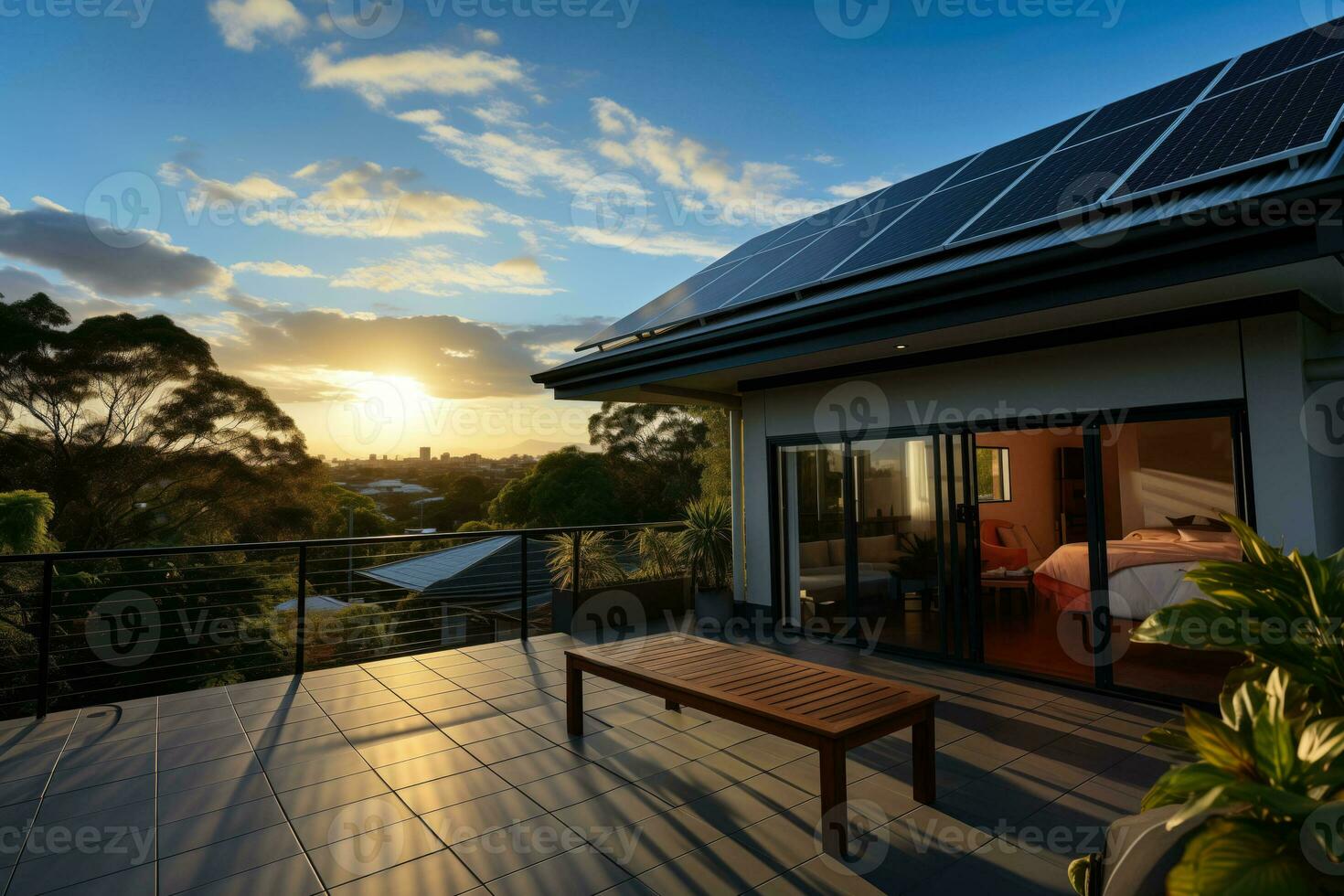 ai generiert Solar- Paneele Eingerichtet auf das Dach von ein modern Haus mit ein klar Blau Himmel im das Hintergrund Darstellen nachhaltig Leben foto