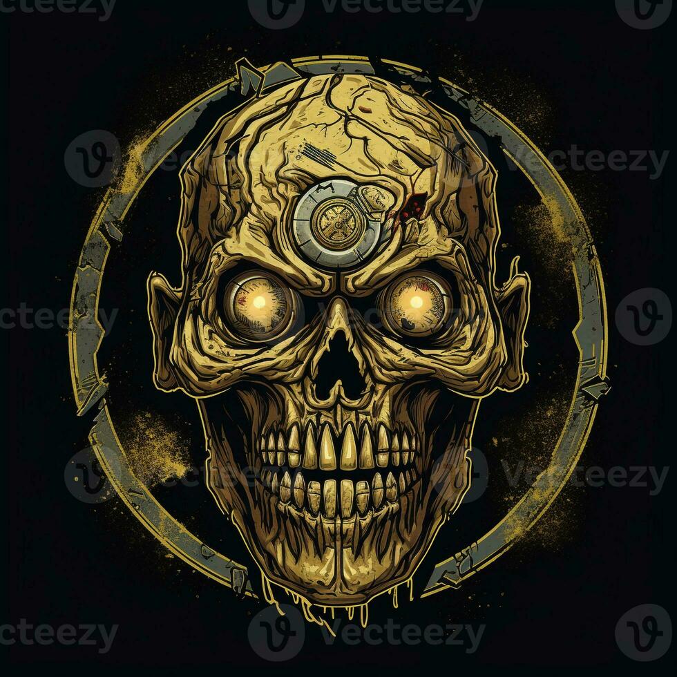 ai generiert skizzenhaft Logo mit ein Zombie im Gold auf ein schwarz Hintergrund. generativ ai foto