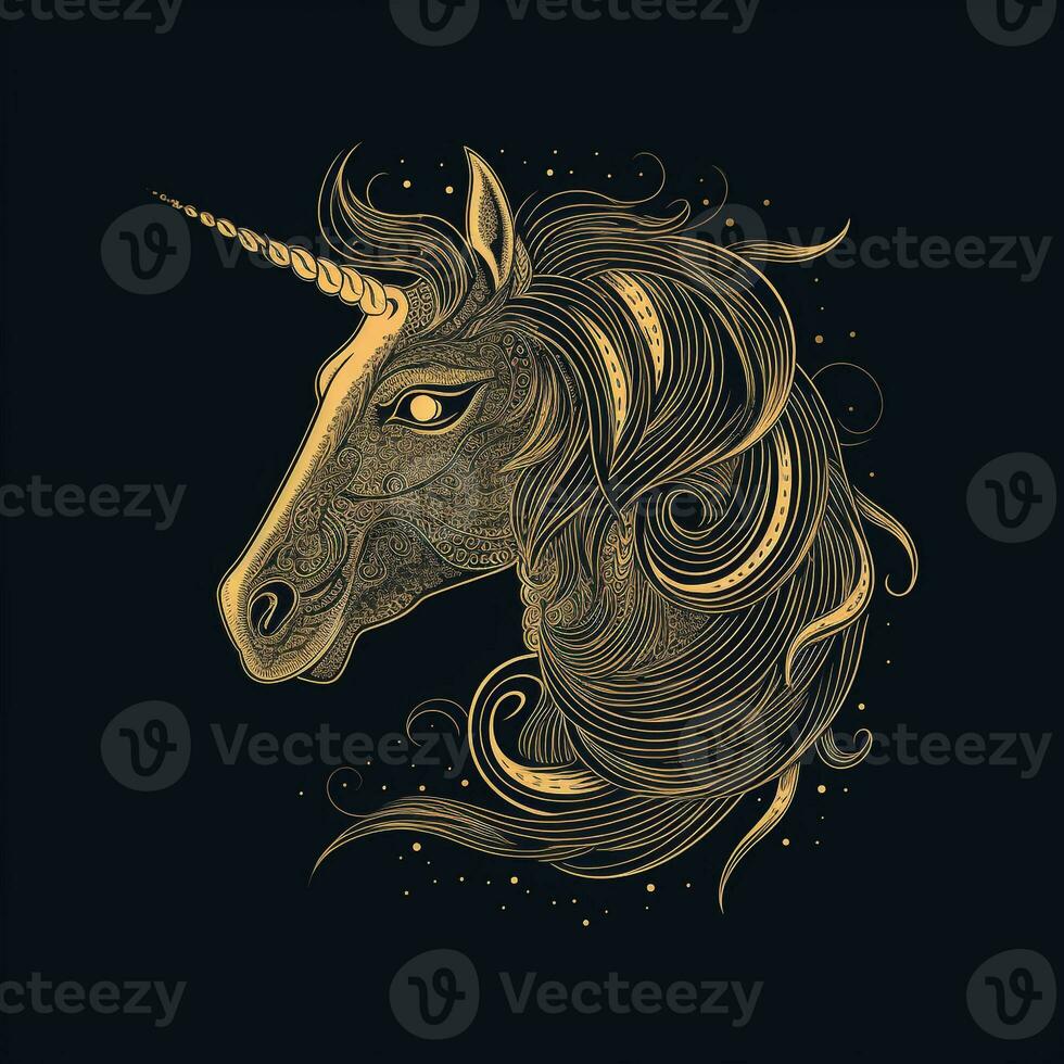 ai generiert skizzenhaft Logo mit ein Einhorn im Gold auf ein schwarz Hintergrund. generativ ai foto