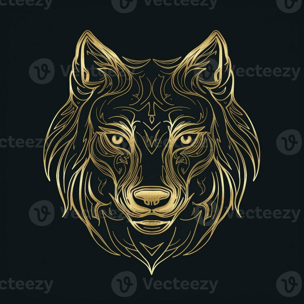 ai generiert skizzenhaft Logo mit ein Wolf Kopf im Gold auf ein schwarz Hintergrund. generativ ai foto