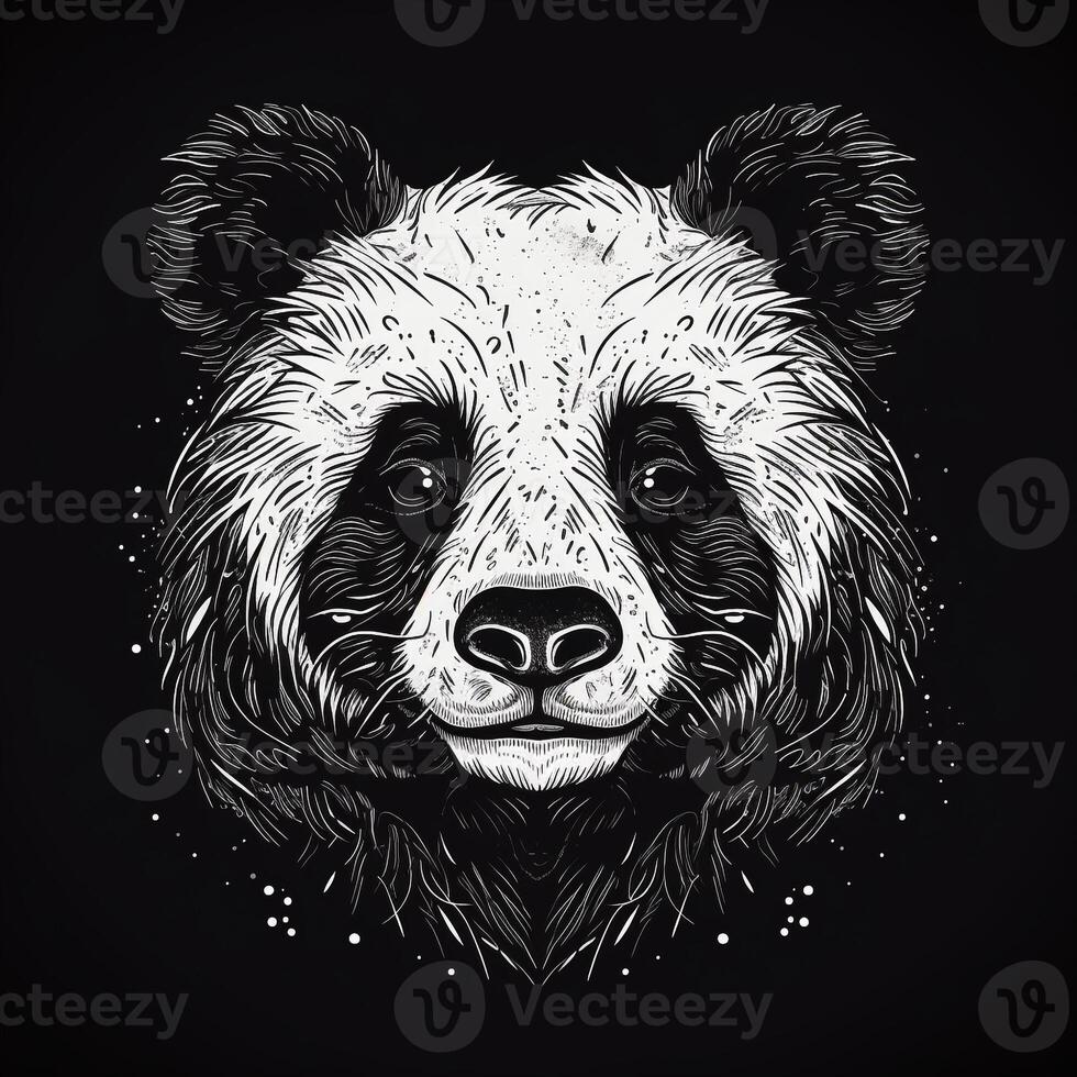 ai generiert skizzenhaft Logo mit ein Panda Kopf im Weiß auf ein schwarz Hintergrund. generativ ai foto