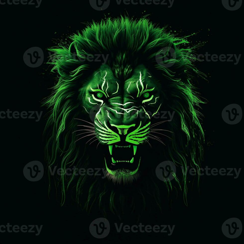 ai generiert ein Maskottchen Logo mit ein Löwe Kopf im Grün Neon. generativ ai foto