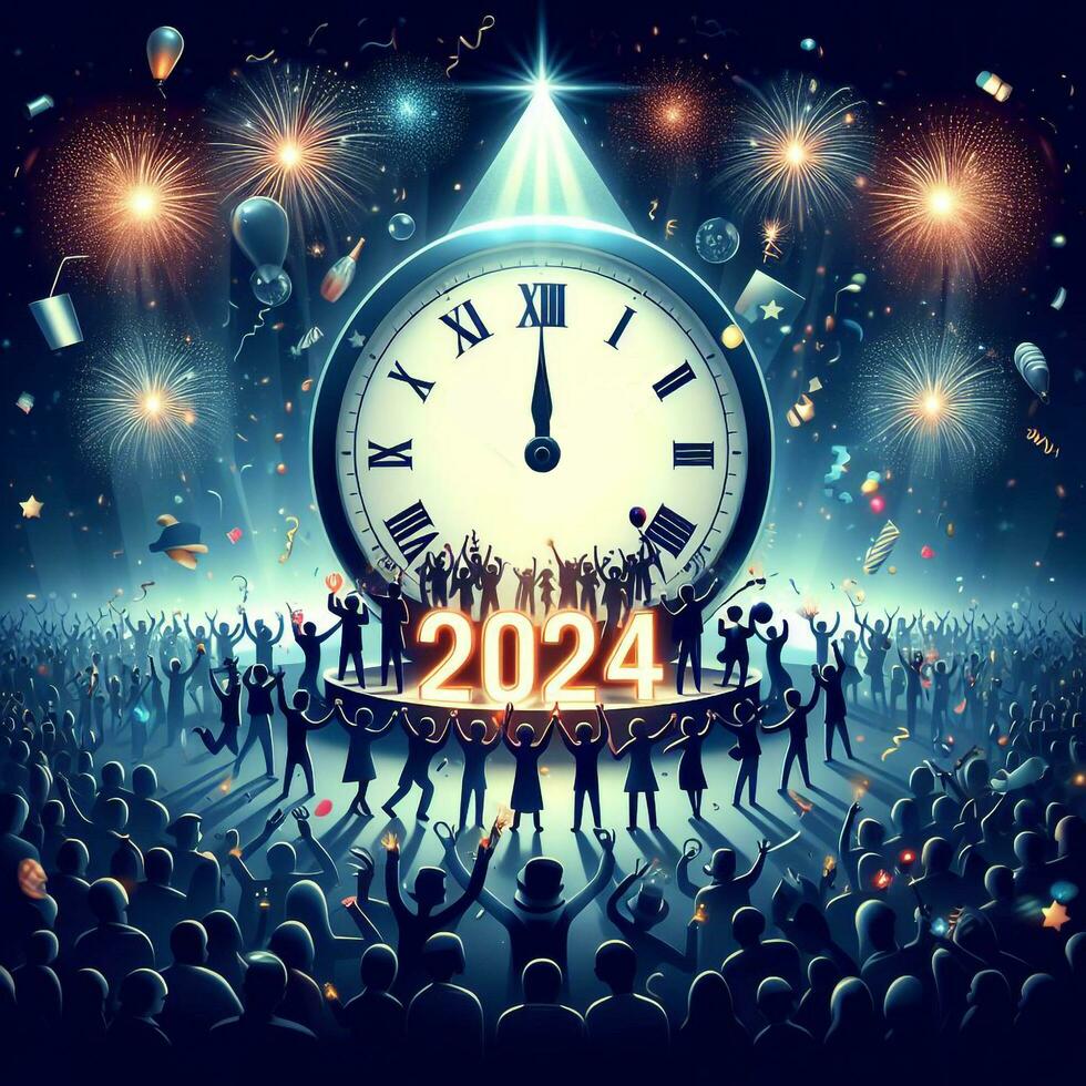 ai generiert glücklich Neu Jahr 2024 mit ein Illustration von jedermann feiern im Vorderseite von ein groß Uhr foto