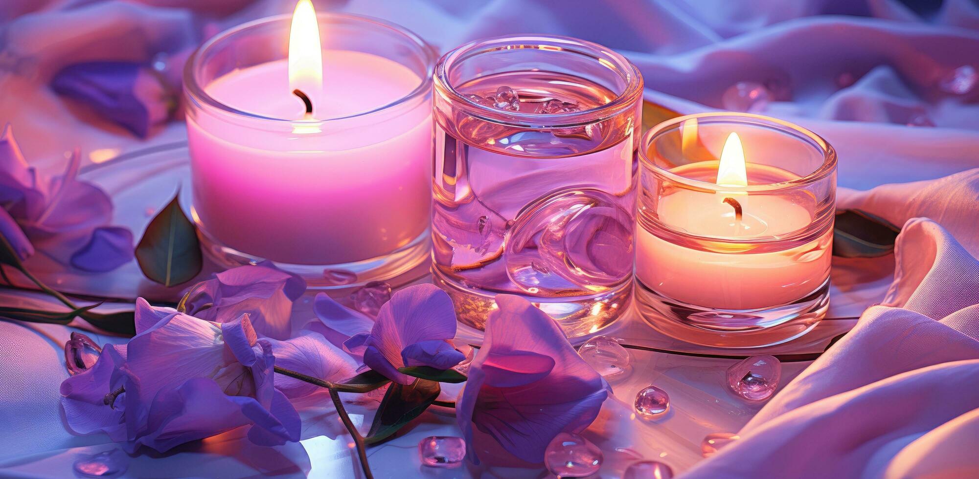 ai generiert Lavendel Kerzen, Rose Blütenblätter, und ein Orange Öl Walze auf ein Tabelle foto