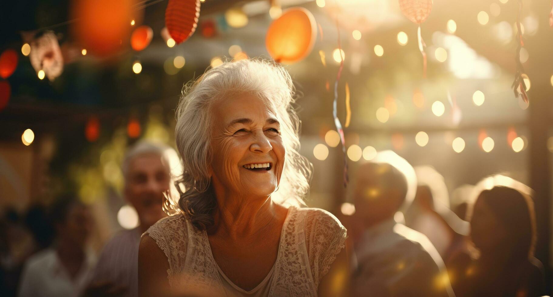 ai generiert Senior Gruppe beim Hinterhof Party haben ein gut Zeit Party foto