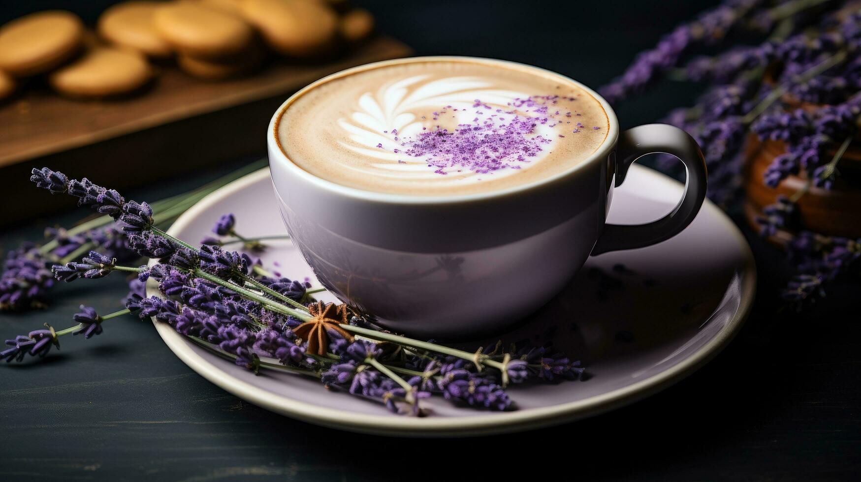 ai generiert Lavendel Cappuccino Hintergrund foto