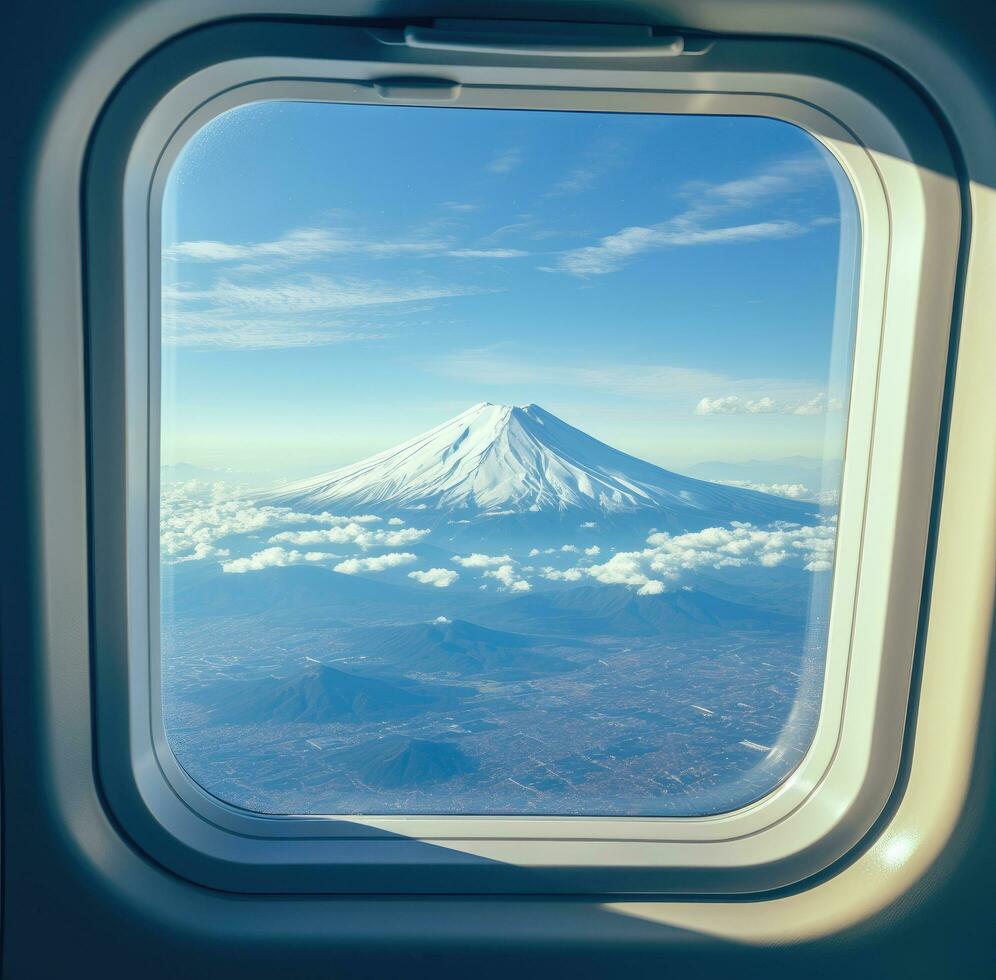 ai generiert Aussicht von das montieren Berg von das Fenster von ein Flugzeug foto