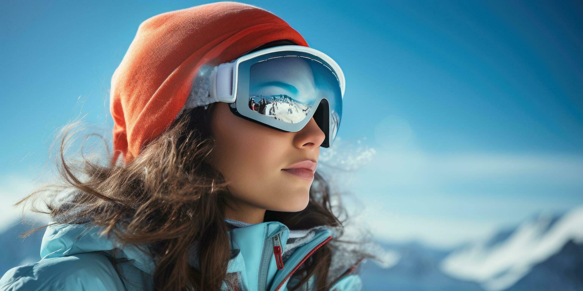 ai generiert Schnee Sport Frau tragen Ski Brille im ein Berg Hintergrund foto