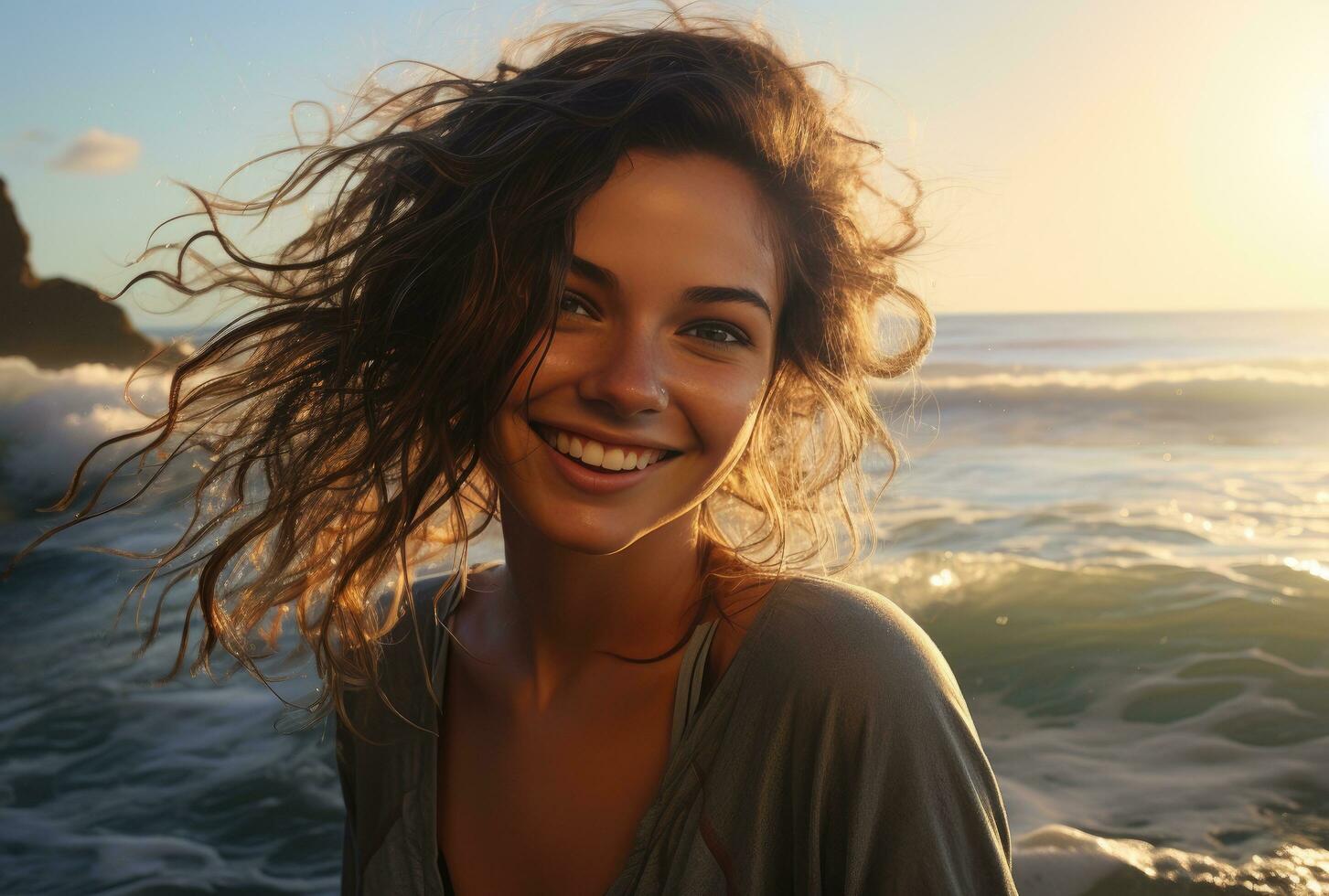 ai generiert Frau lächelnd im Vorderseite von das Ozean foto