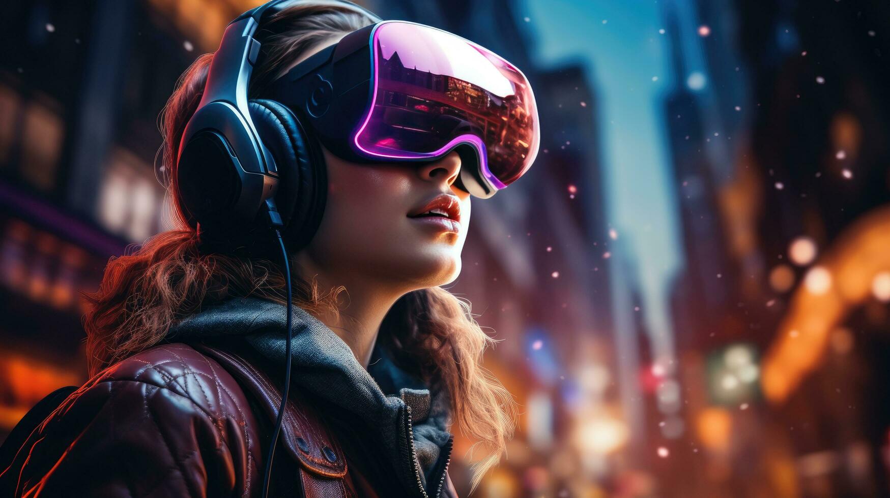 ai generiert jung Mädchen mit ein virtuell Wirklichkeit Headset im Vorderseite von ein Stadt foto