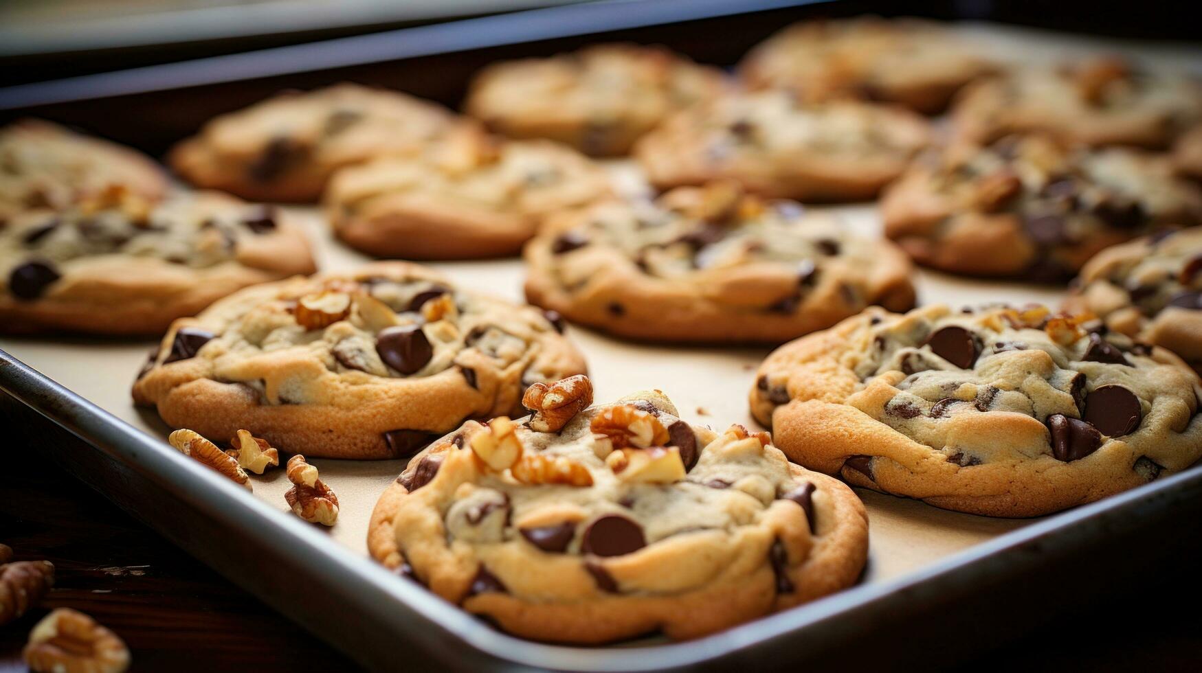 ai generiert Tablett von frisch gebacken Kekse, mit Schokolade Chips und Brocken von Nüsse spähen aus von das Teig. foto