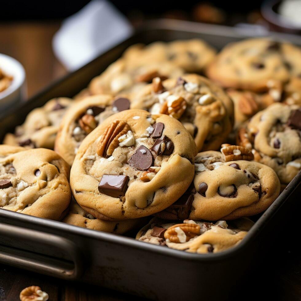 ai generiert Tablett von frisch gebacken Kekse, mit Schokolade Chips und Brocken von Nüsse spähen aus von das Teig. foto