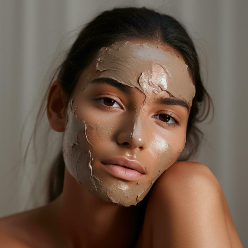 ai generiert Frau Gesicht mit ein Lehm Maske An. das Maske ist ein Licht braun Farbe und ist Trocknen auf ihr Haut foto