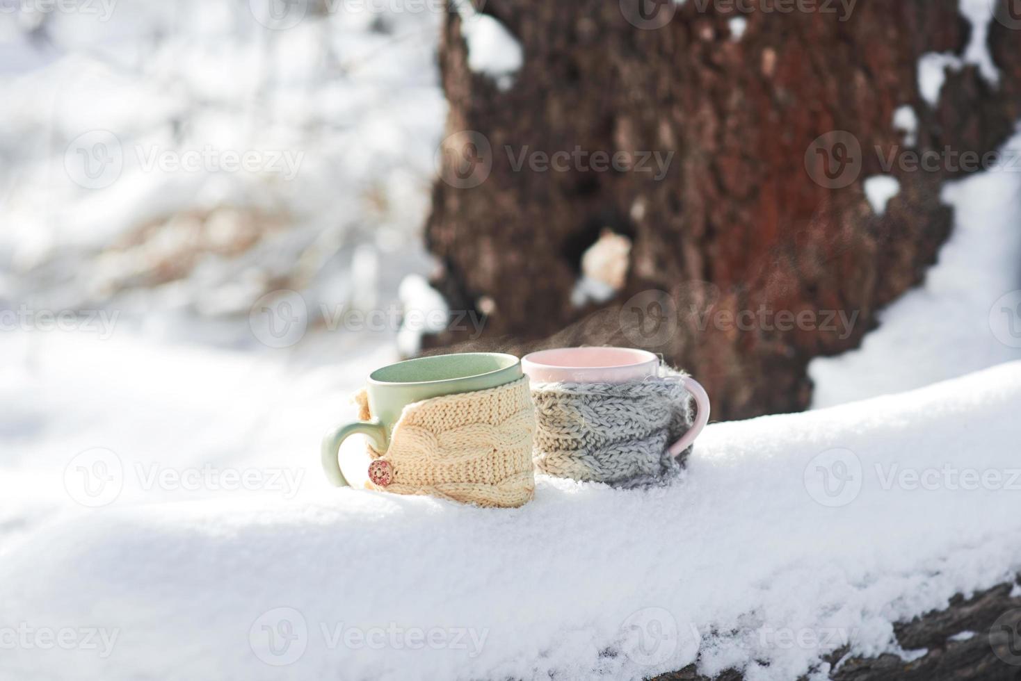 zwei Tassen Tee auf dem Hintergrund einer Winterlandschaft foto