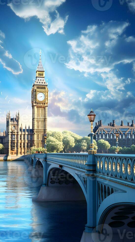 ai generiert groß ben und Westminster Brücke beim Sonnenuntergang, London, England, Vereinigtes Königreich foto