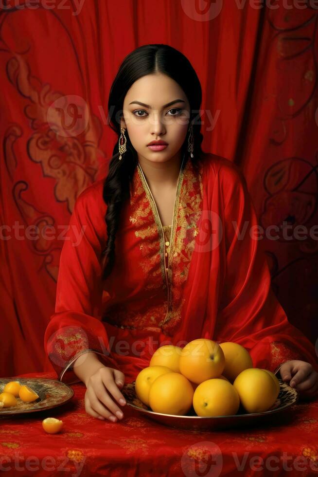 ai generiert ein schön Frau im traditionell Chinesisch Kleid sitzt inmitten Zitrusfrüchte Obst foto