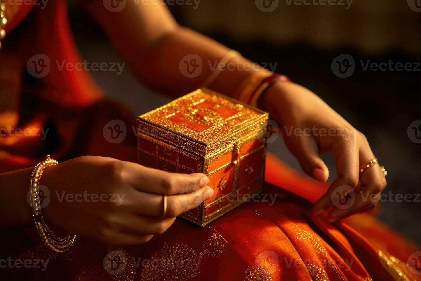 ai generiert ein Frau im ein Orange Kleid ist halten ein golden Kasten. foto