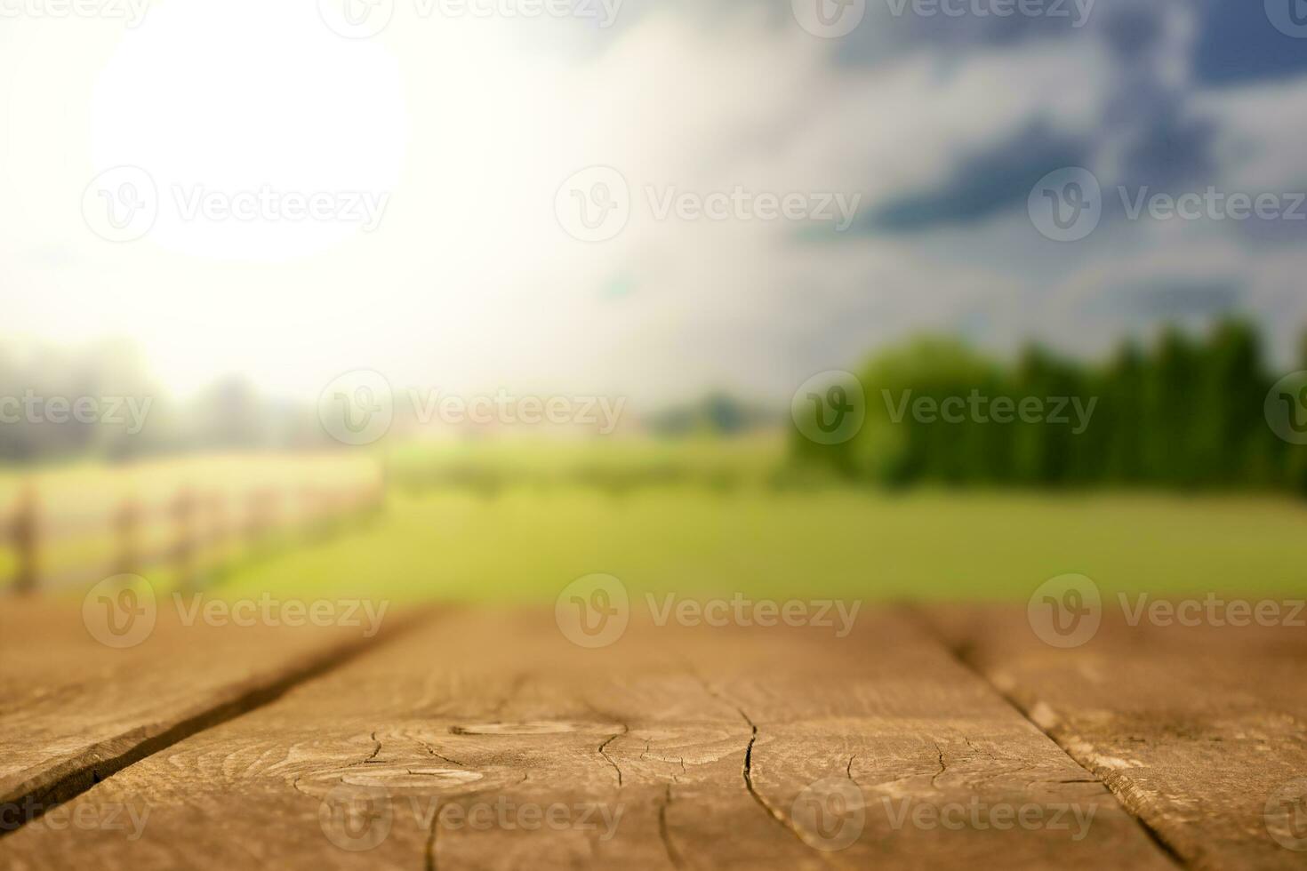 hölzern Tischplatte auf das Hintergrund von ein verschwommen Grün Feld. foto