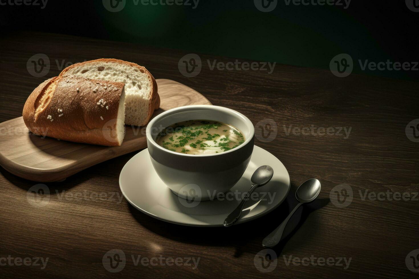 ai generiert frisch gebacken Brot und warm Suppe, serviert mit ein Löffel foto