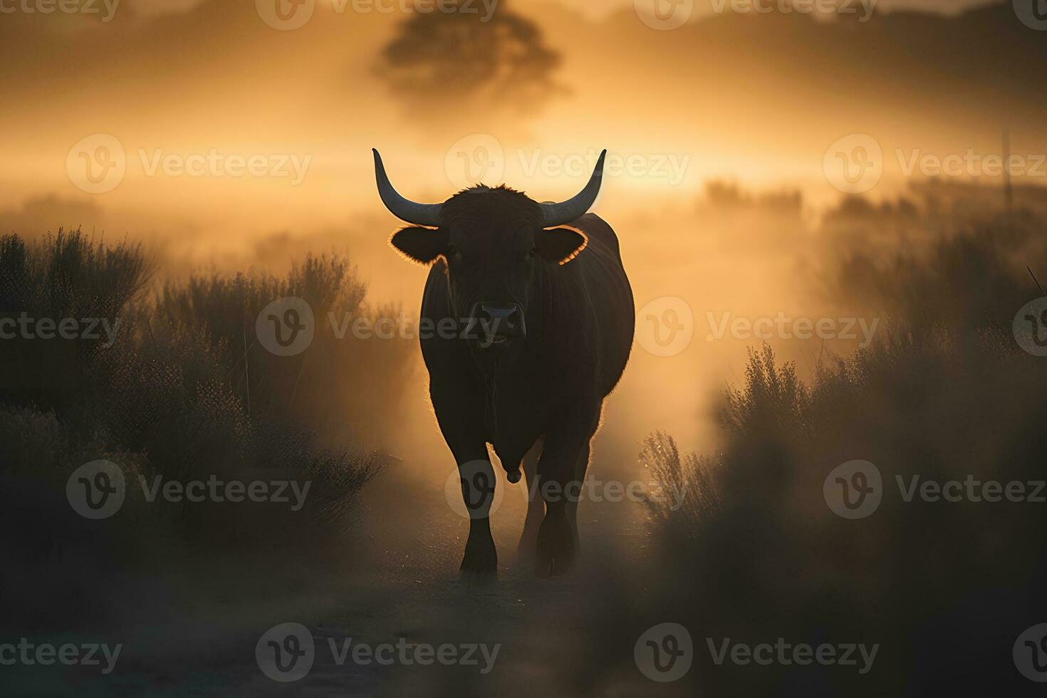 ai generiert Stier im das wild, Landschaft mit Sonnenuntergang oder Sonnenaufgang. neural Netzwerk ai generiert foto