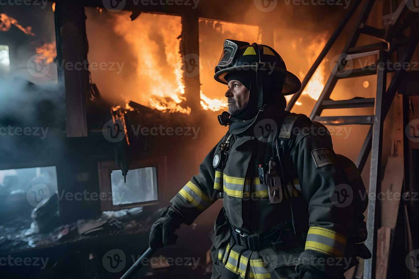 ai generiert Feuerwehrleute Sprühen Wasser im Feuer Kampf Betrieb, Feuer und Rettung Ausbildung Schule regelmäßig. neural Netzwerk ai generiert foto