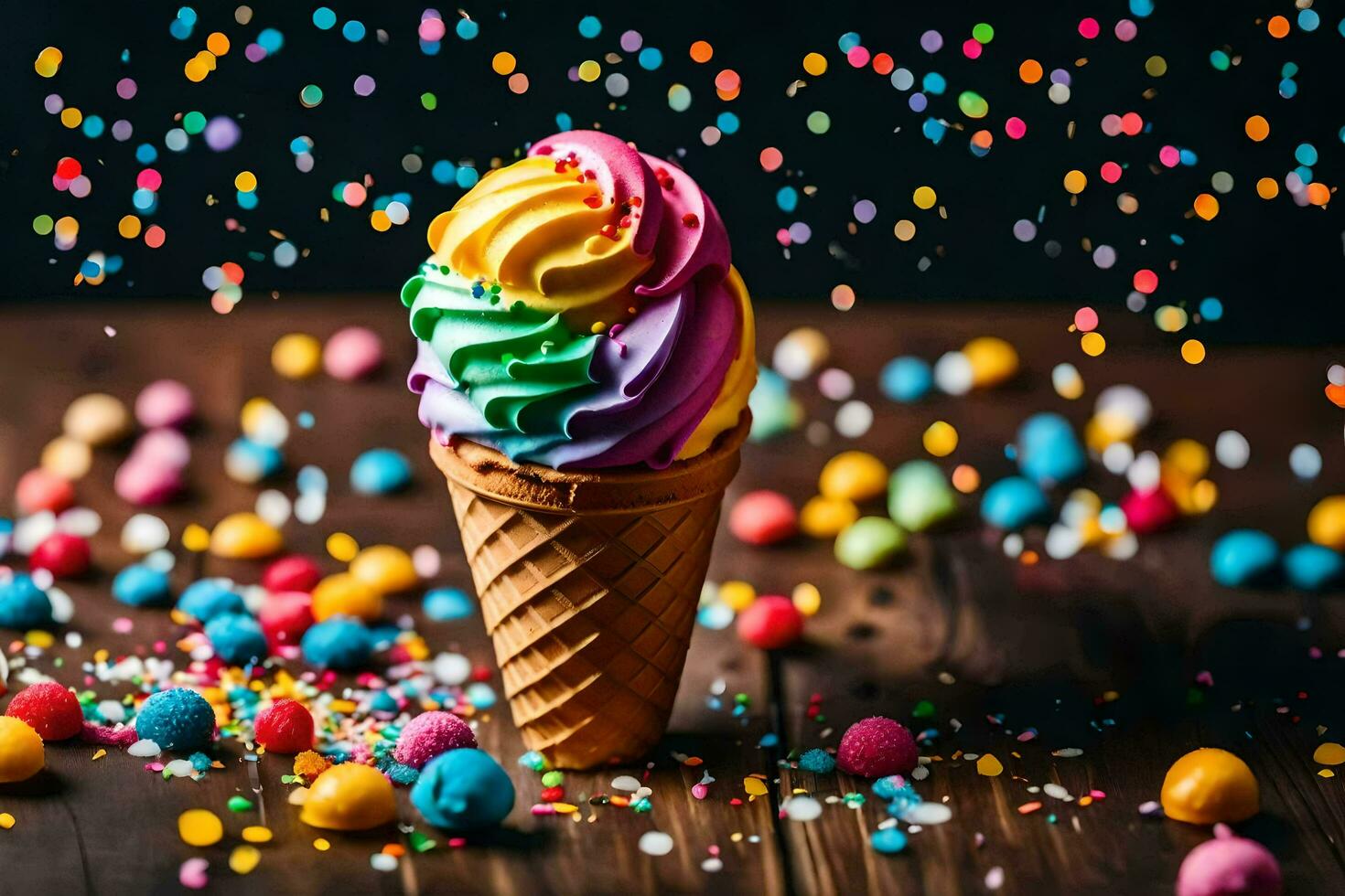 ai generiert ein Eis Sahne Kegel mit Regenbogen Sträusel auf oben foto