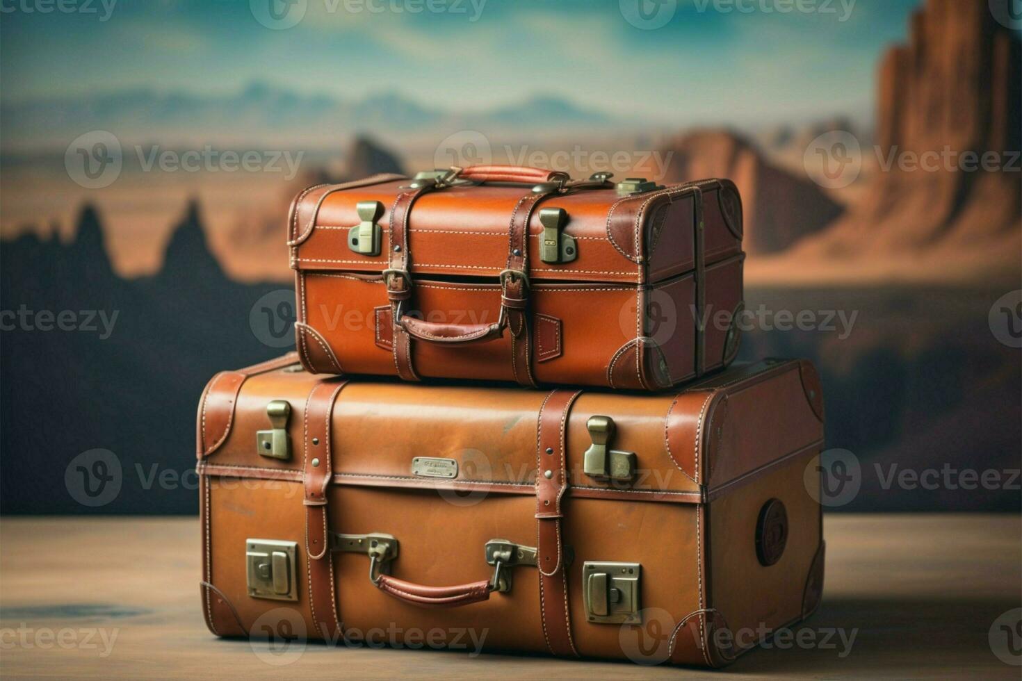 ai generiert Jahrgang Fernweh klassisch Reise Leder Koffer auf ein 90er Jahre Hintergrund foto